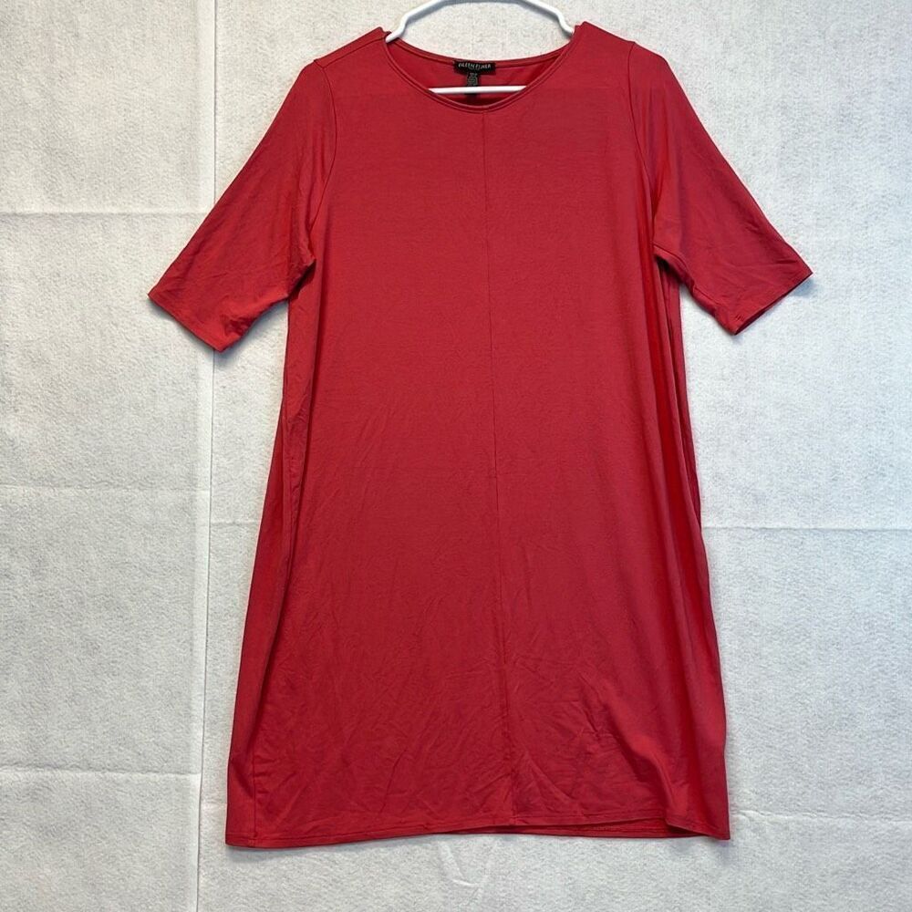 EILEEN FISHER Dress Stretch Jersey Knit Scoop Neck Red PL Petite Large Shift EUC